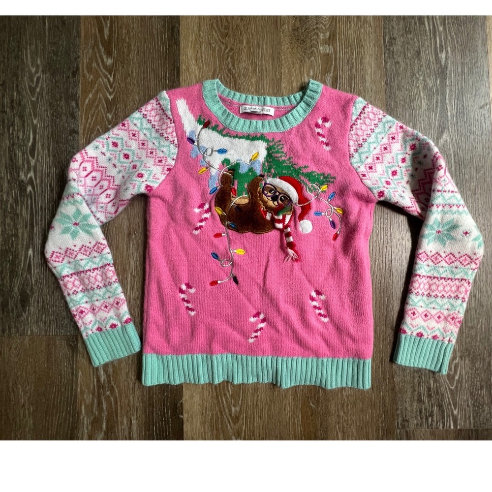 Celebrate Together Sweater Kids Large 10-12 Pink Sloth Christmas Fair Isle 3251